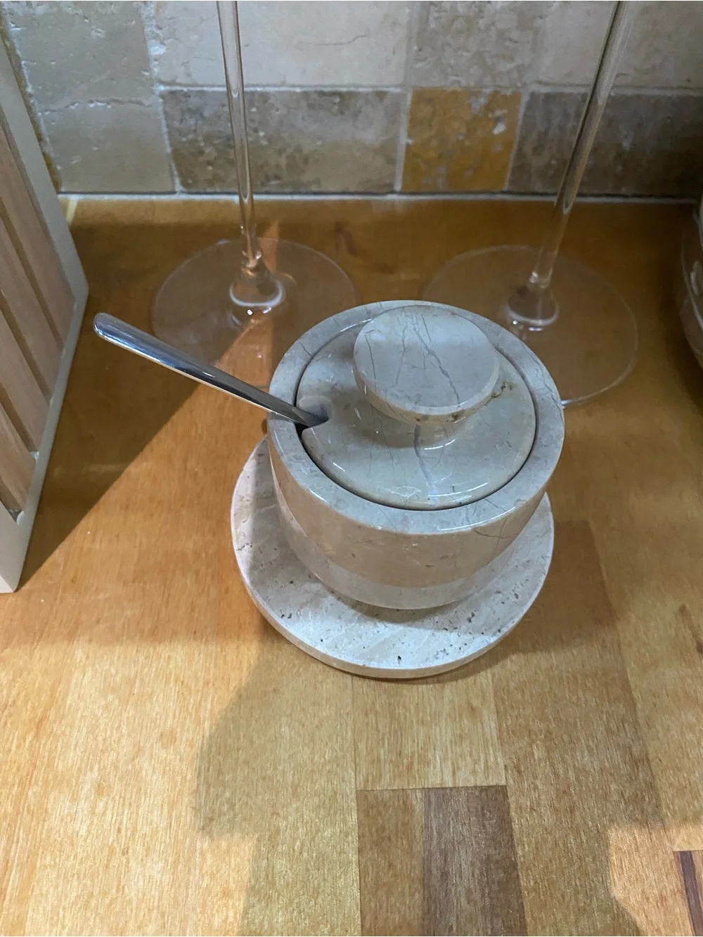 Marble Salt cell Jar with Spoon - Neutral Beige